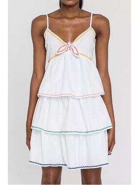 ENGLISH FACTORY White Cotton Ruffled Tiered Mini Dress Tie Adjustable Straps
